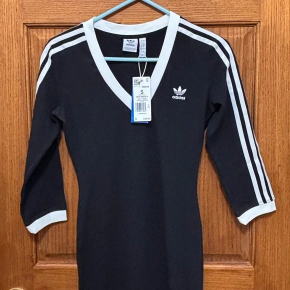 adidas Black Maxi Dress with White Three-Stripe Trim. Sz S. PTP 16”. NWT - Picture 2 of 6